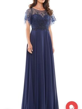 Embroidered Navy Evening Gown with Sheer Beaded Yoke